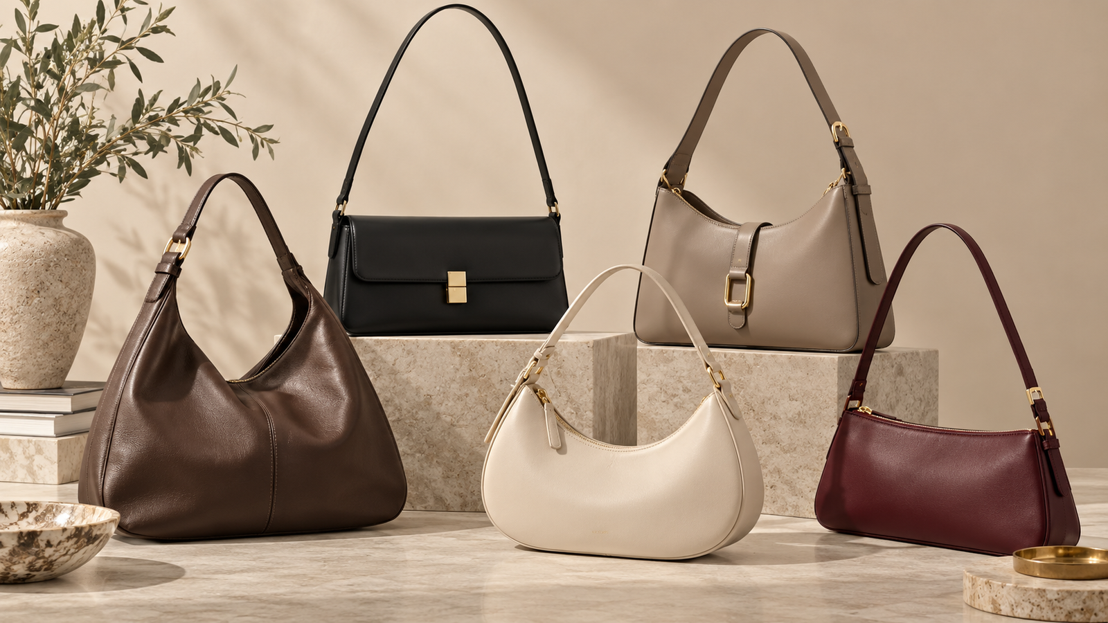Affordable shoulder bags that look expensive in black, brown, taupe, cream, and burgundy