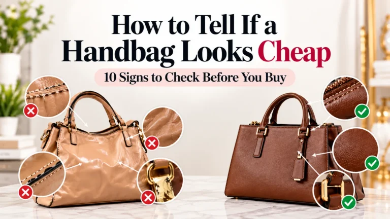 How to tell if a handbag looks cheap with examples of poor stitching, hardware, and material quality